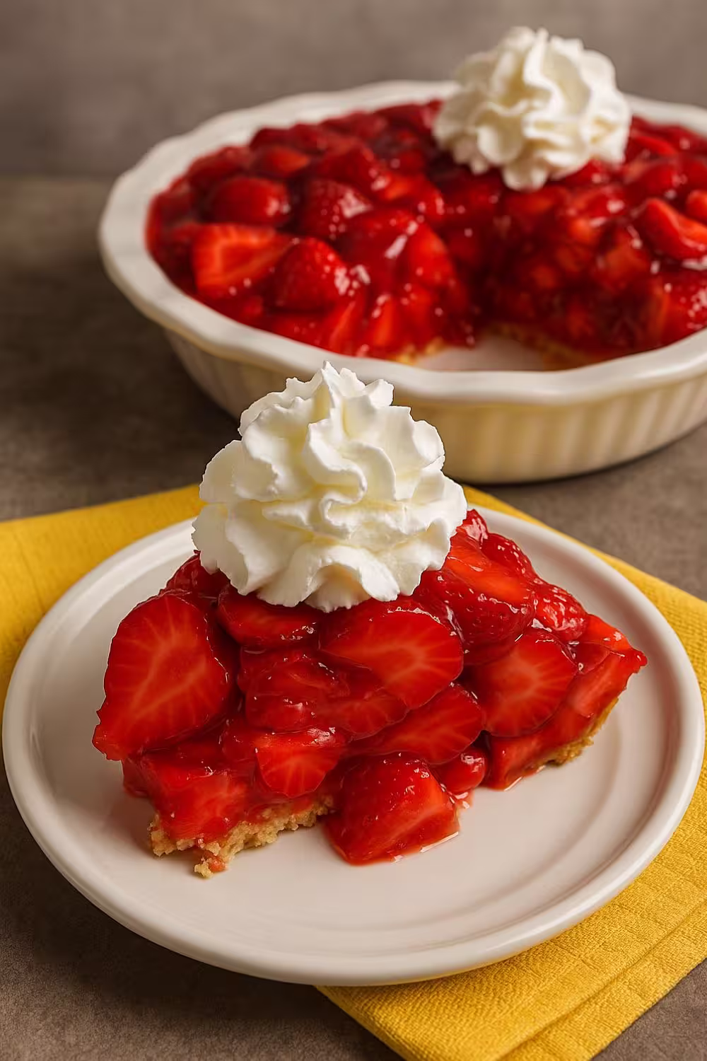 Slice of homemade strawberry pie topped with whipped cream on a white plate