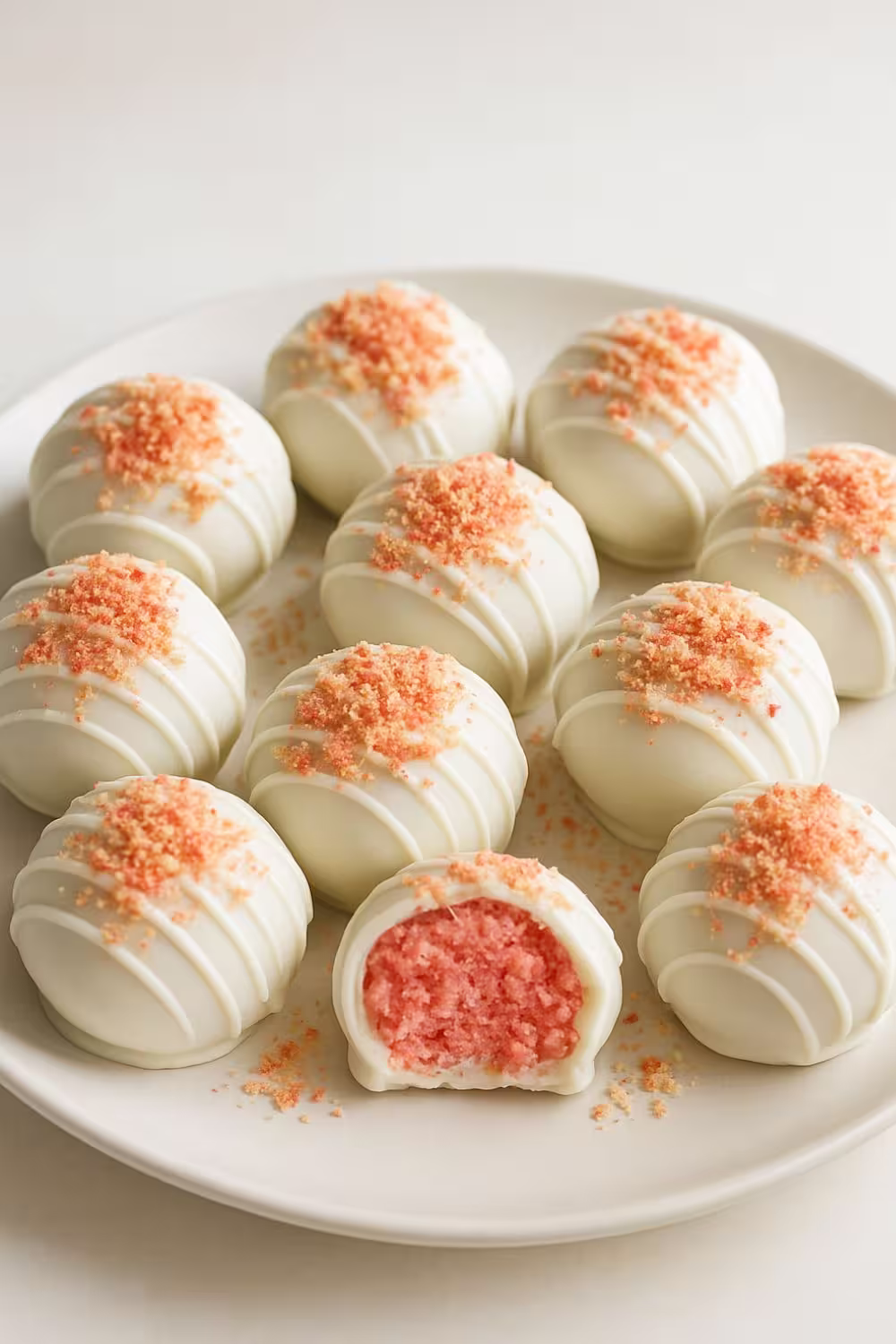 Plate of strawberry cheesecake truffles coated in white chocolate and topped with pink crumb sprinkles