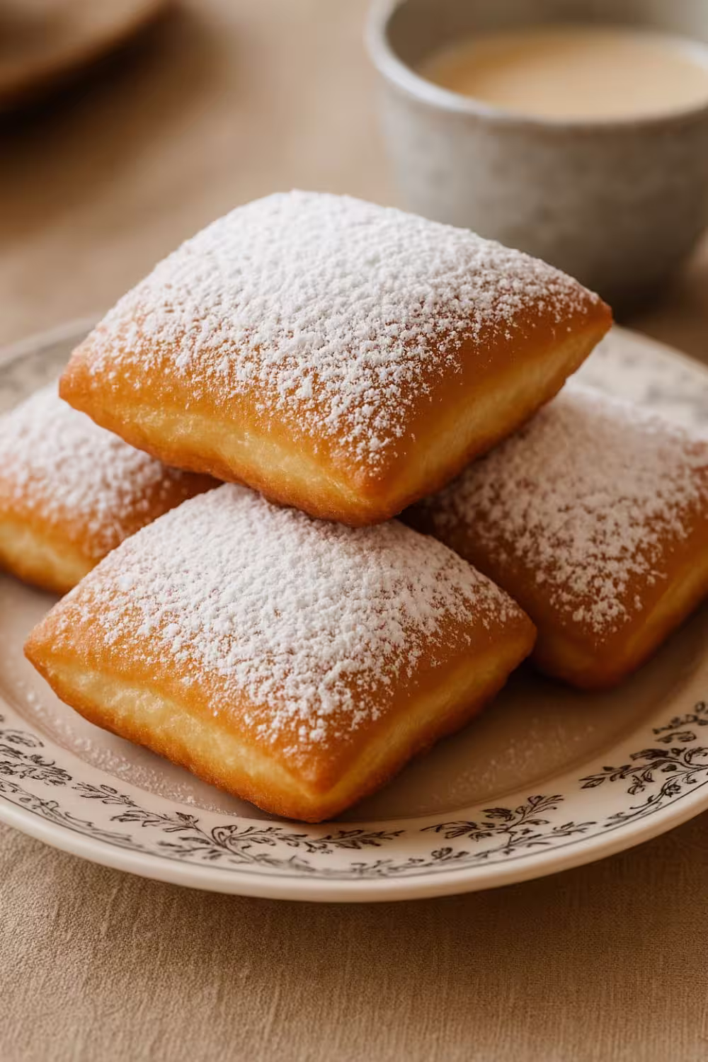 Fluffy vanilla French beignets dusted with powdered sugar on a vintage plate.