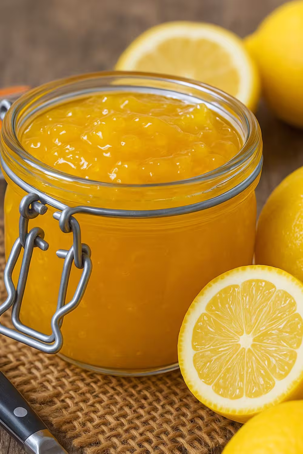 Glass jar filled with bright yellow Italian lemon jam, surrounded by fresh lemons and lemon halves on a rustic surface.