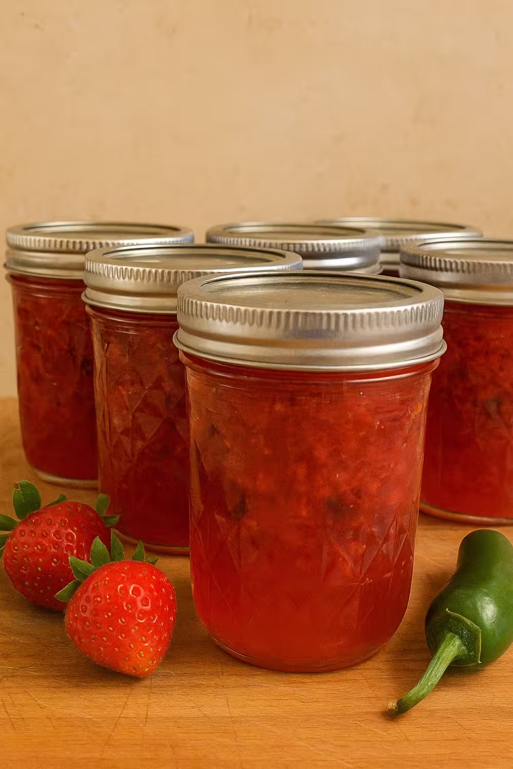Canning jars filled with homemade strawberry jalapeño jam, surrounded by fresh strawberries and a green jalapeño pepper on a wooden surface.