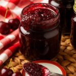Open jar of cherry vanilla jam with a spoonful of jam resting on a lid, surrounded by fresh cherries and sealed jars in the background.
