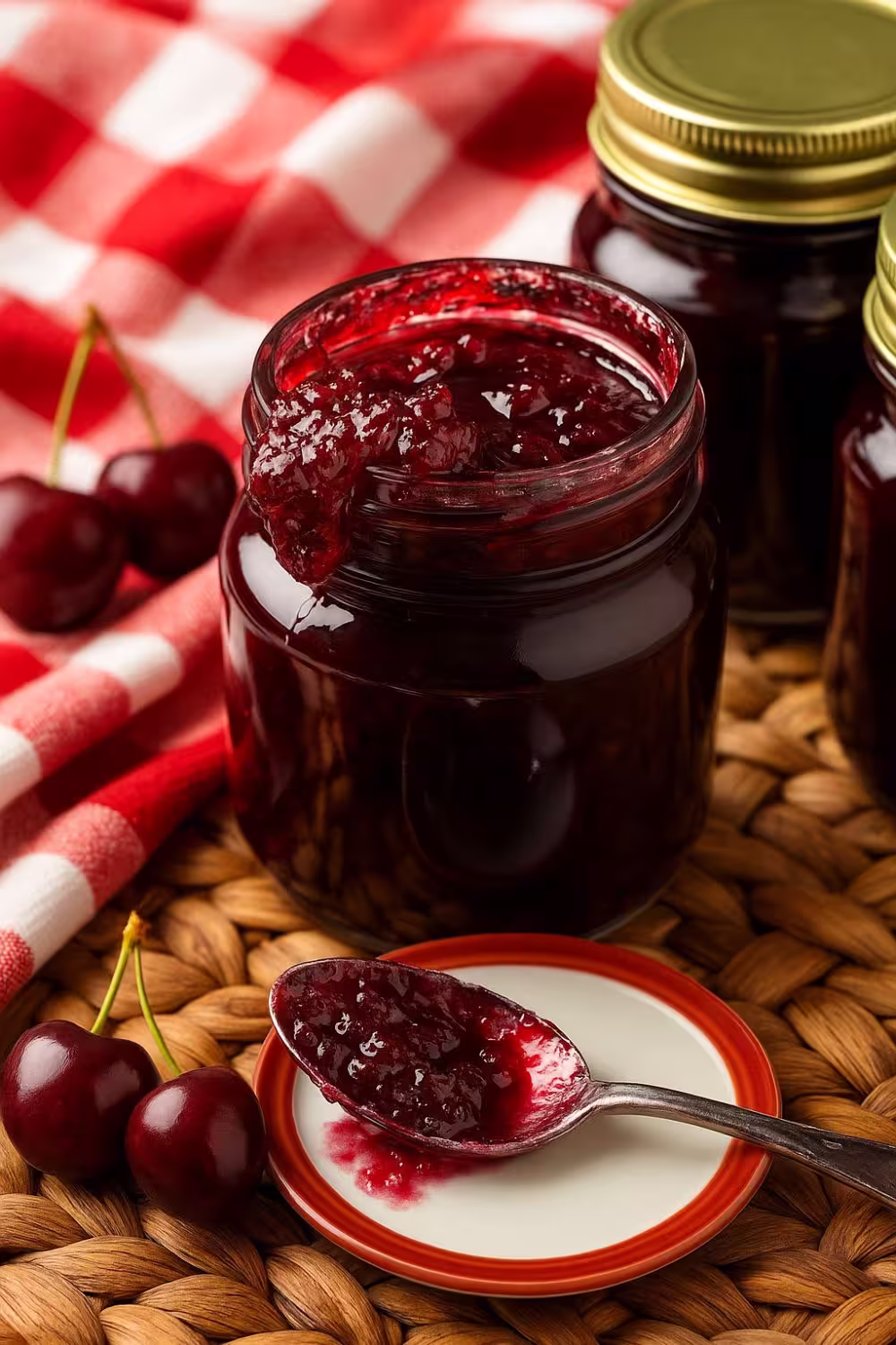 Open jar of cherry vanilla jam with a spoonful of jam resting on a lid, surrounded by fresh cherries and sealed jars in the background.