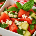 Fresh and vibrant watermelon salad with mint, feta cheese, and cucumber, served in a white bowl.