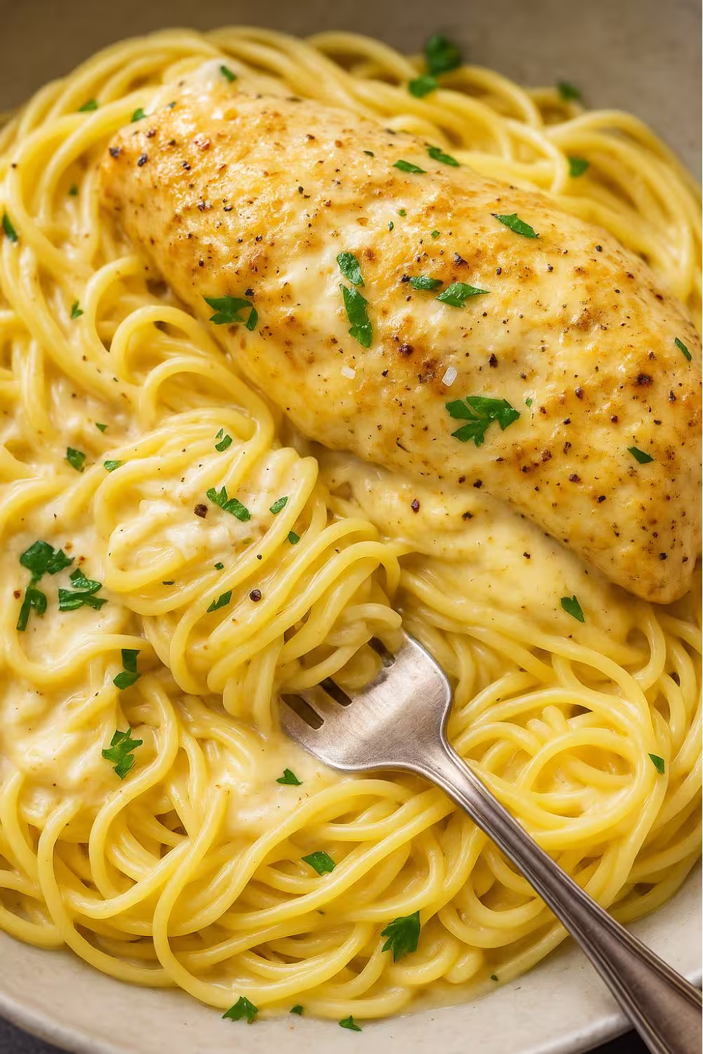 Creamy and tender chicken served over a bed of angel hair pasta, garnished with fresh parsley.