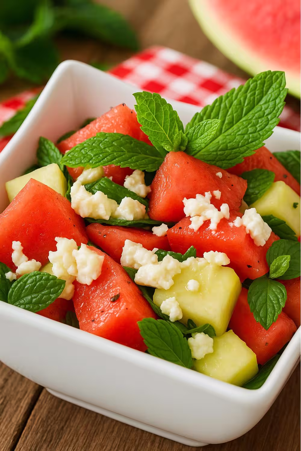 Fresh and vibrant watermelon salad with mint, feta cheese, and cucumber, served in a white bowl.