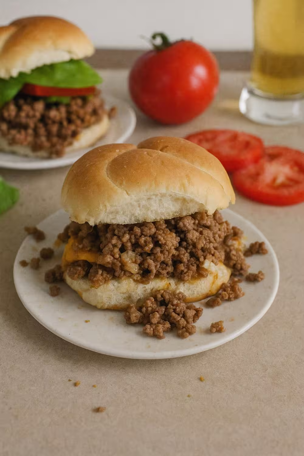 Crockpot cheeseburger with seasoned ground beef and melted cheese on a soft bun, served on a white plate.
