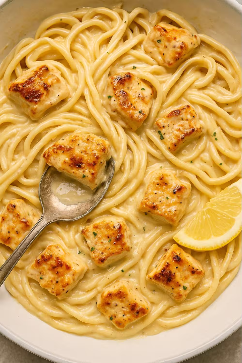 Creamy Cowboy Butter Chicken Linguine garnished with lemon, served in a white bowl.