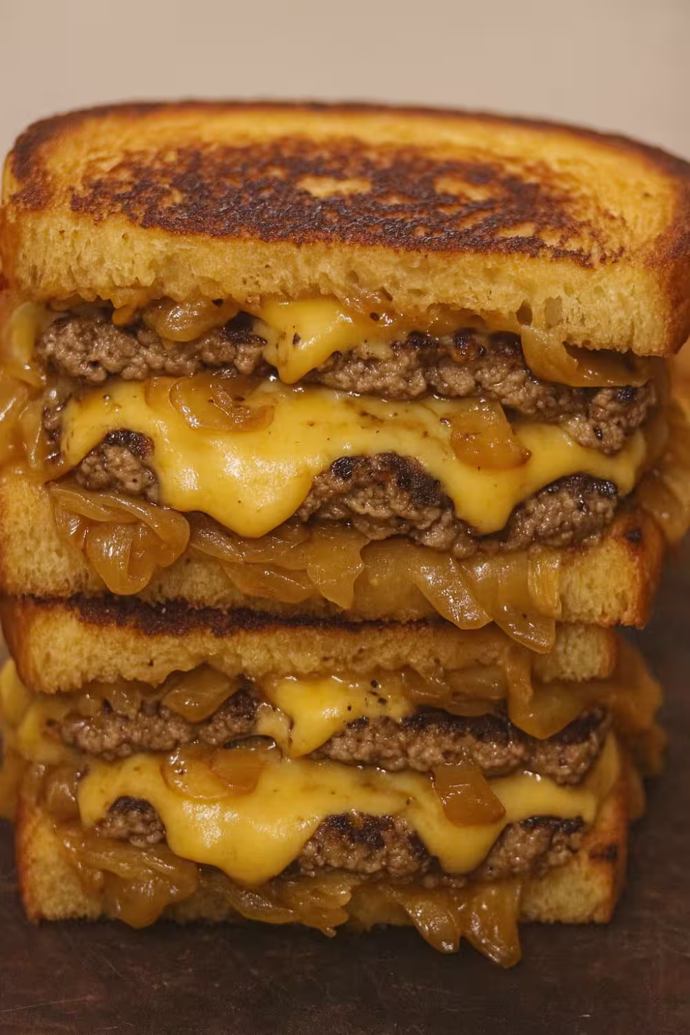 Close-up of a juicy patty melt with melted cheese, grilled onions, and toasted bread.