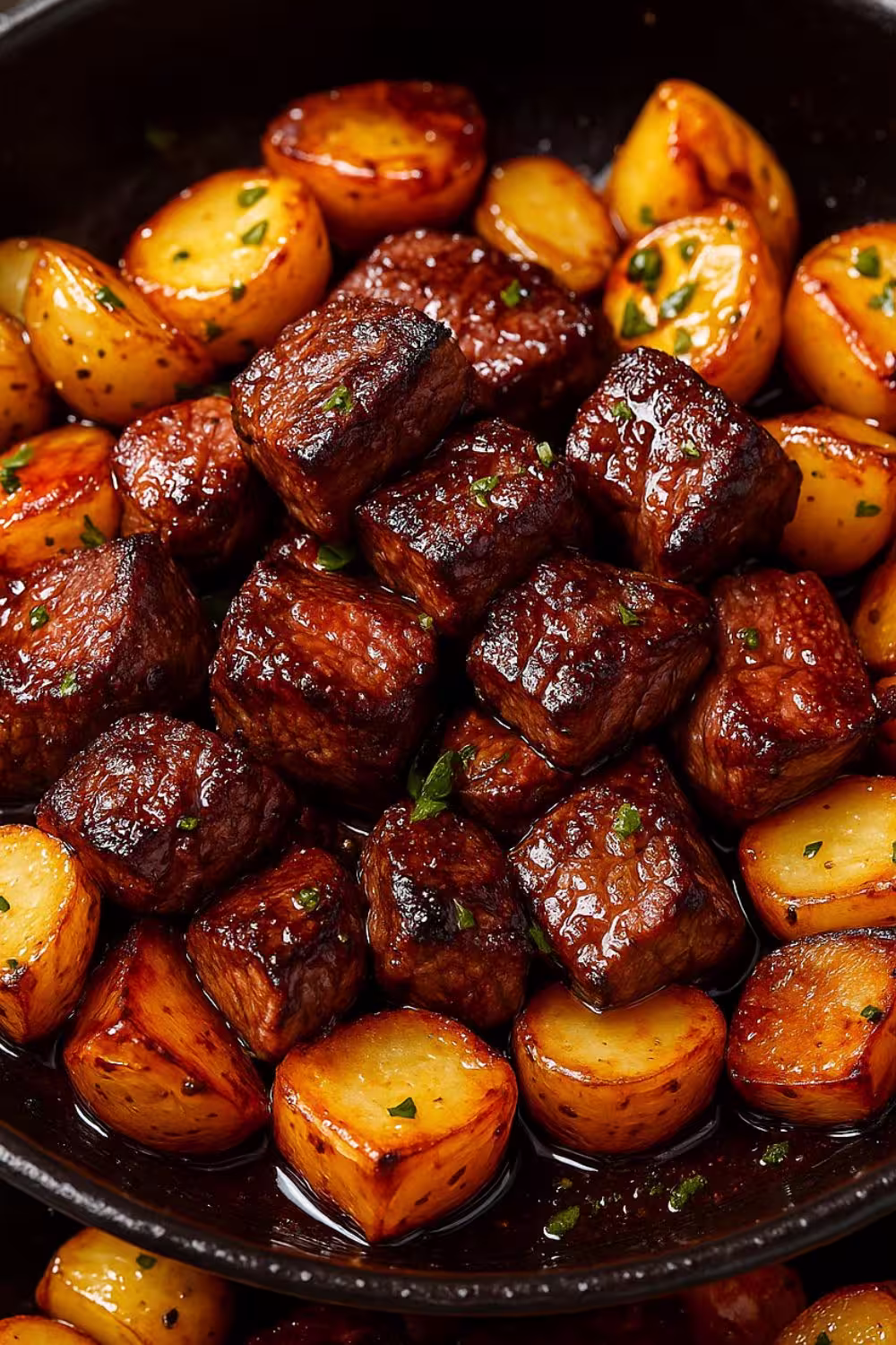 Tender garlic butter steak bites served with golden roasted potatoes in a cast iron skillet.