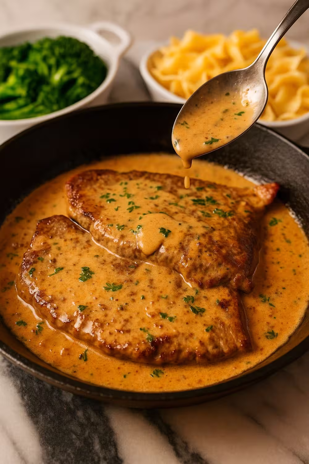 Juicy pan-seared steak smothered in a rich and creamy garlic sauce served in a cast iron skillet.