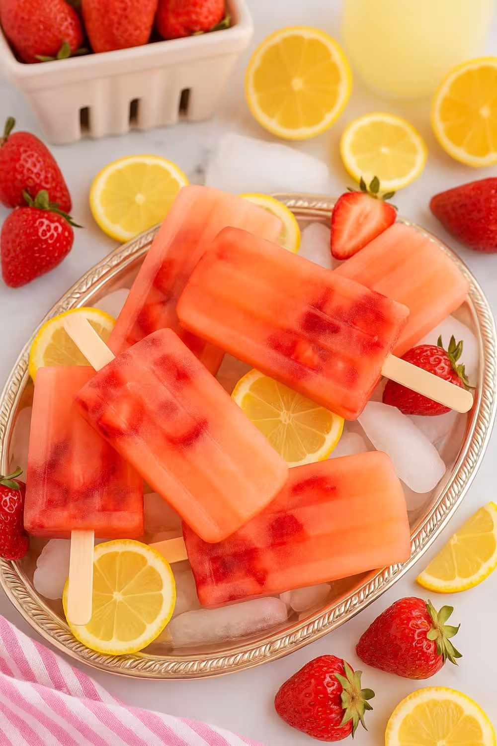 Refreshing Strawberry Lemonade Popsicles on a silver tray with ice, surrounded by fresh strawberries and lemon slices.