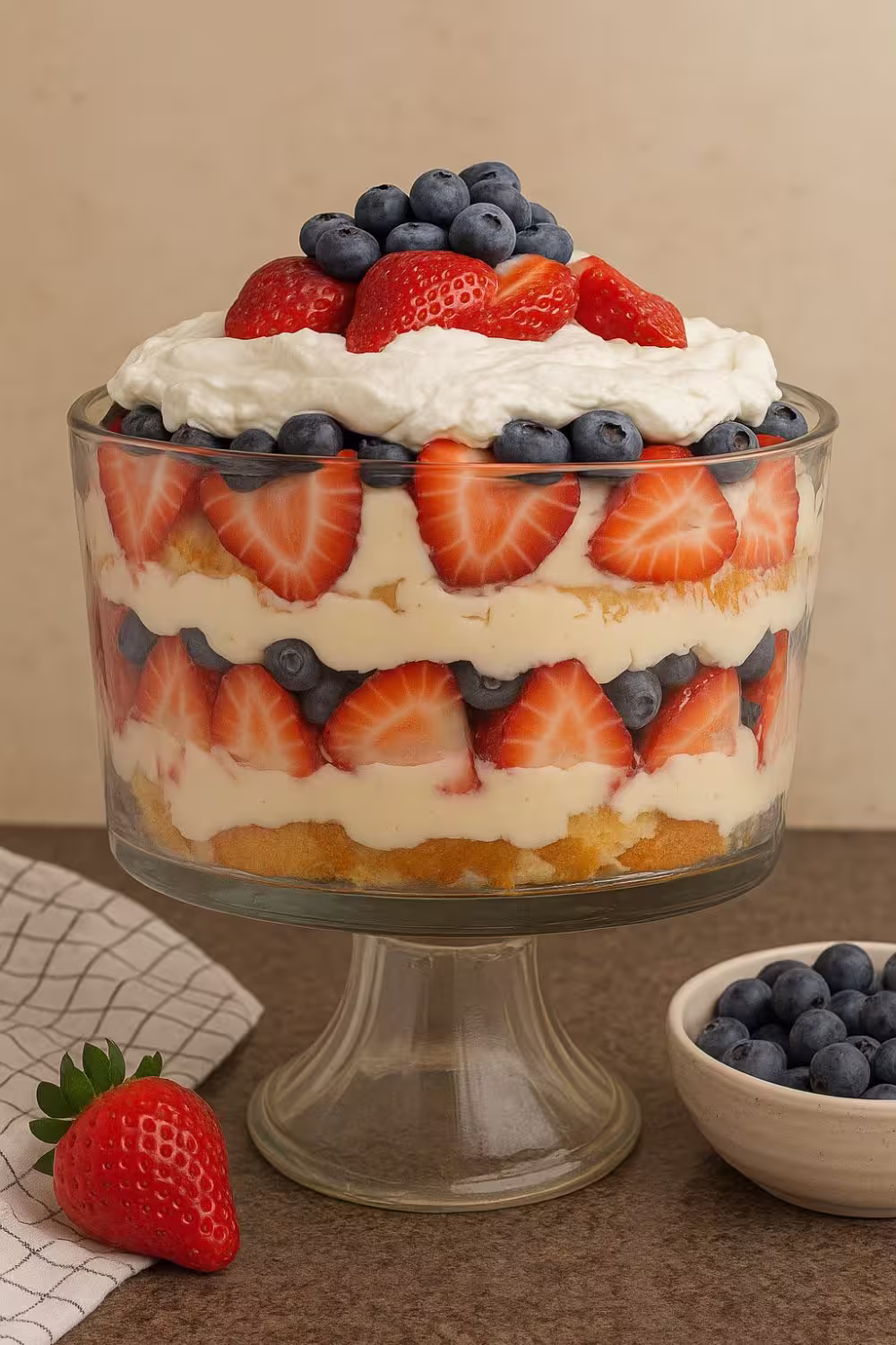 Layered berry trifle dessert with strawberries, blueberries, and whipped cream in a glass dish.