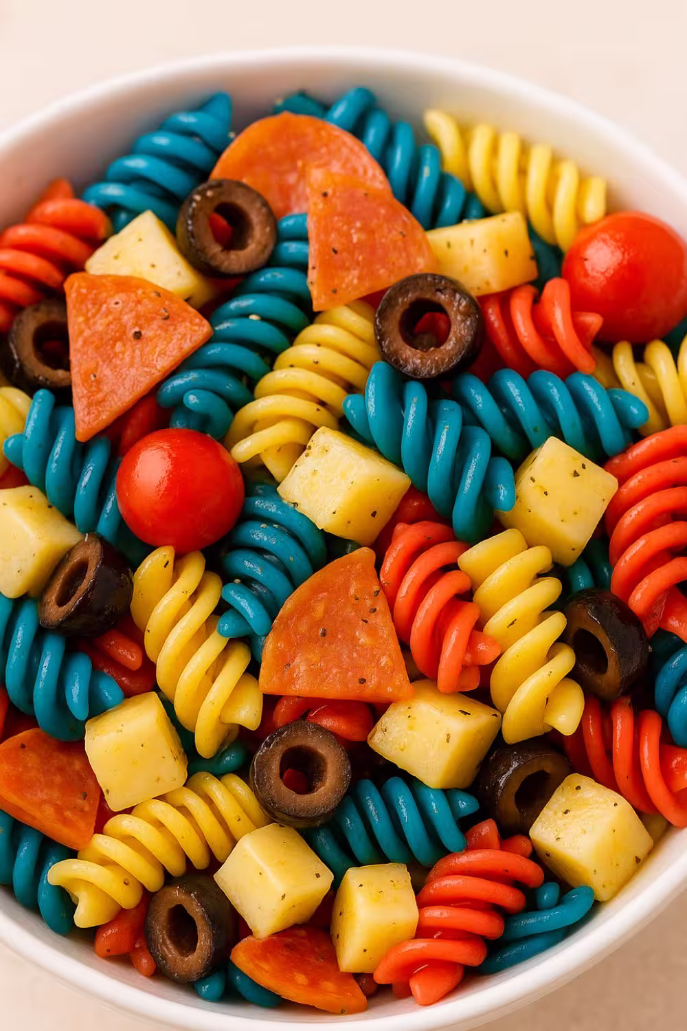 Patriotic red, white, and blue rotini pasta salad with olives, cheese, and pepperoni in a white bowl.