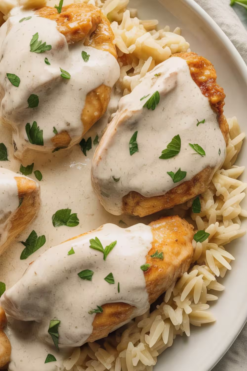 Creamy chicken breasts served over a bed of rice and garnished with fresh herbs.