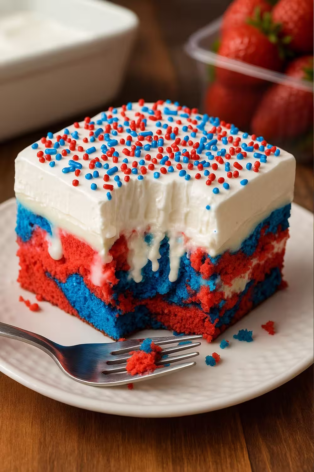 Red, white, and blue patriotic poke cake topped with whipped frosting and festive sprinkles.