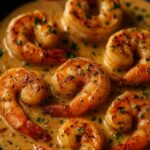 Creamy garlic shrimp simmering in a skillet with chopped parsley garnish.