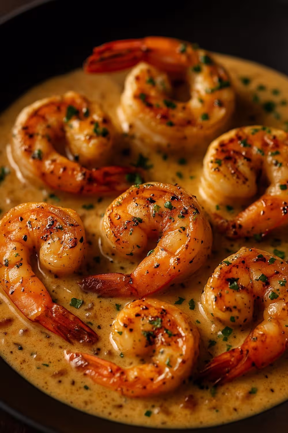 Creamy garlic shrimp simmering in a skillet with chopped parsley garnish.