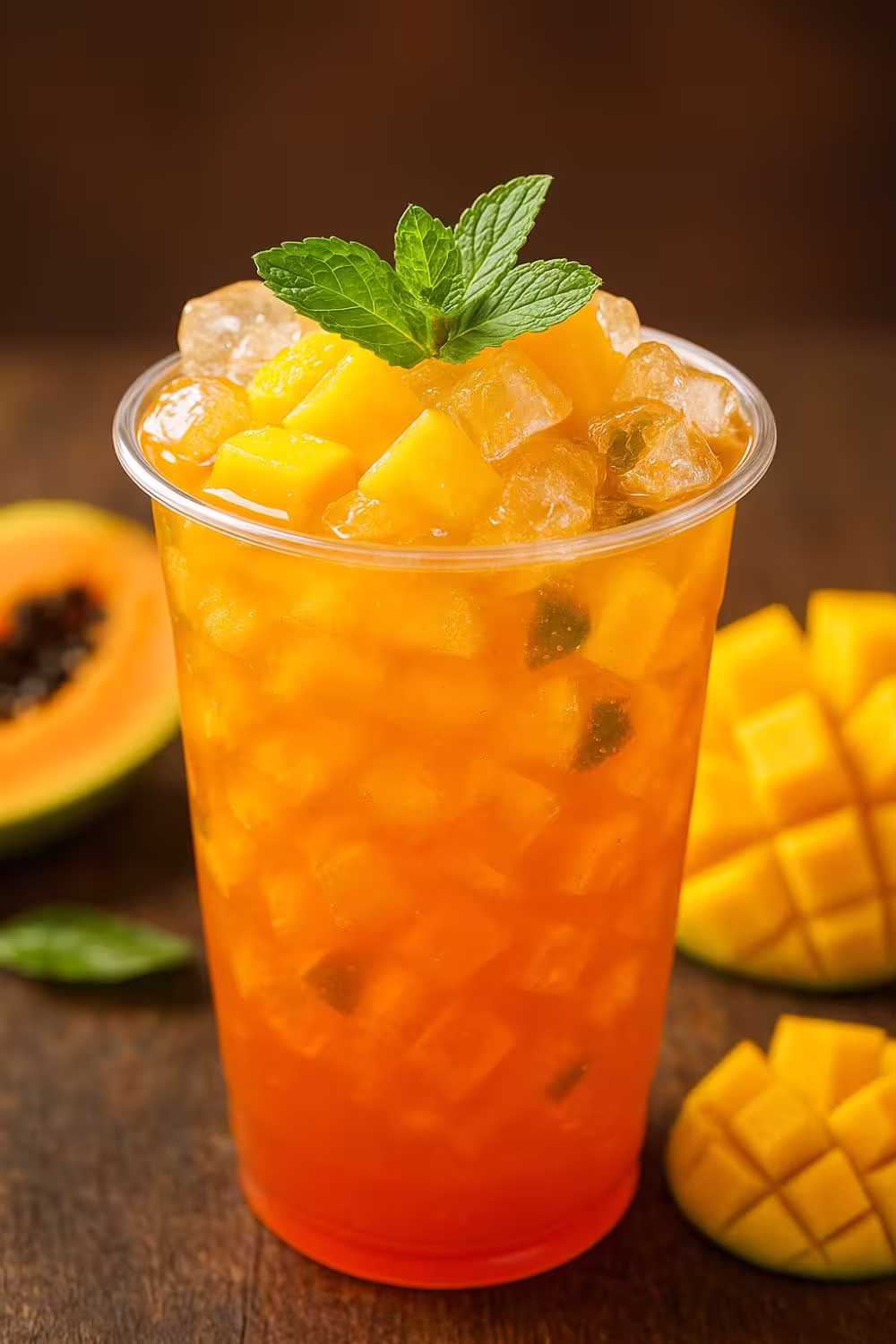 Chilled mango iced tea in a clear plastic cup topped with fresh mango cubes, mint leaves, and ice.