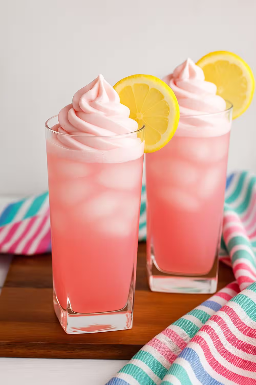 Two tall glasses of whipped pink lemonade topped with creamy pink whipped topping and lemon slices on the rim.