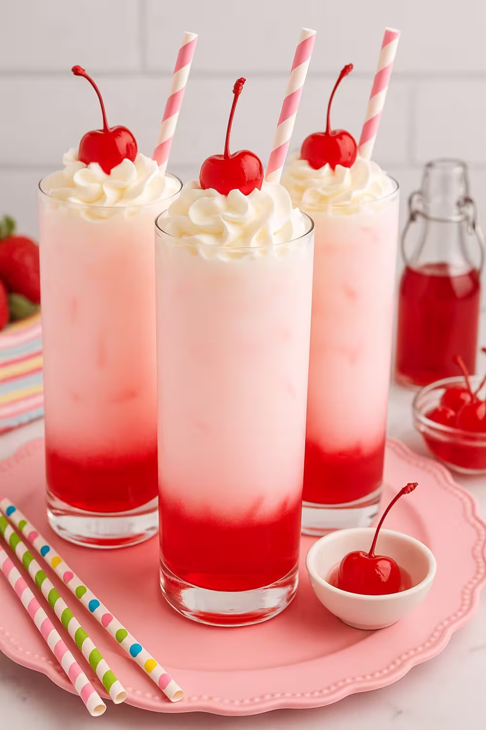 Three tall glasses of Italian cream soda with pink and white layers, topped with whipped cream and maraschino cherries.