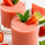 Refreshing watermelon smoothie in a glass, garnished with a watermelon wedge and fresh mint.
