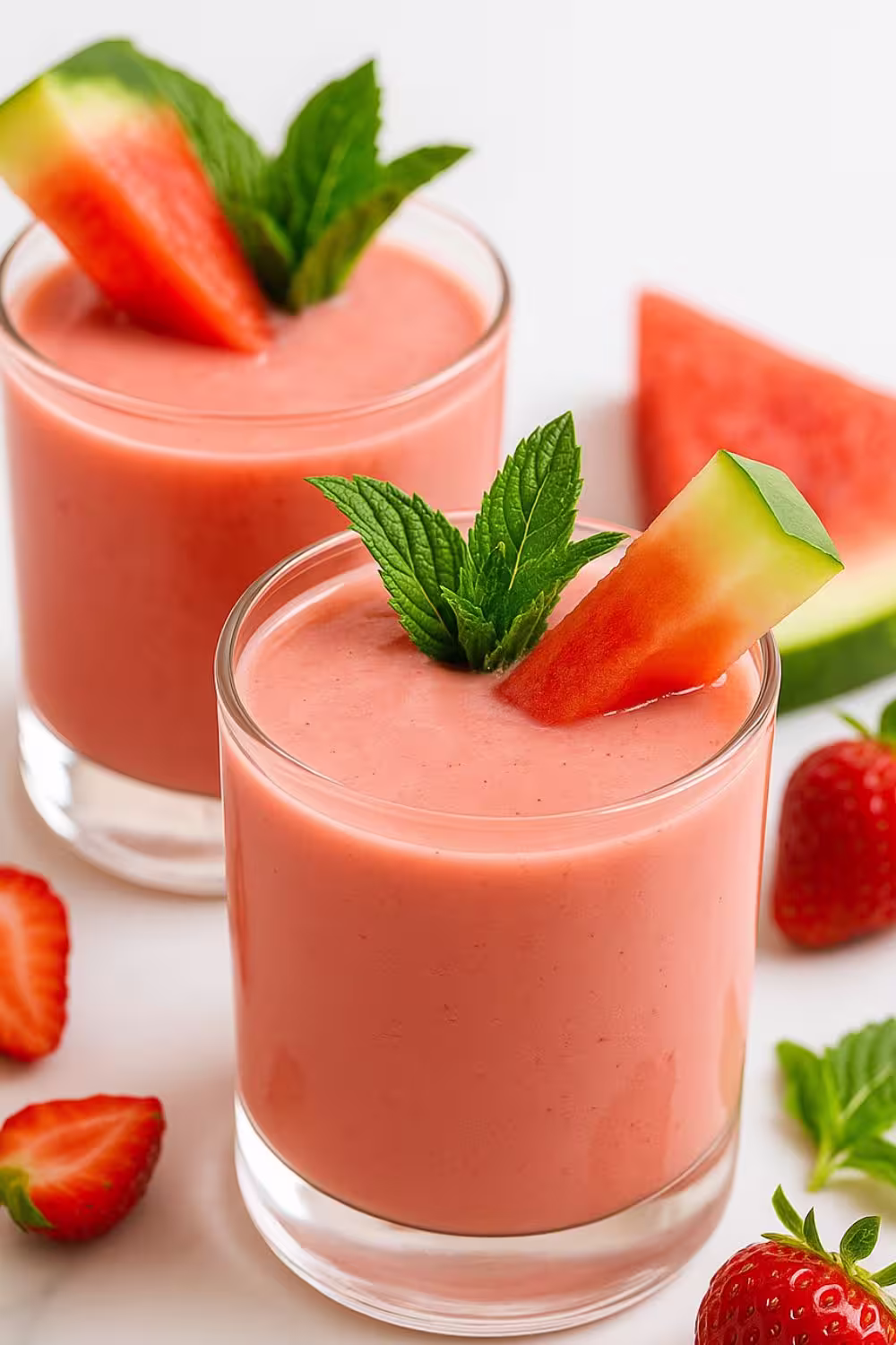 Refreshing watermelon smoothie in a glass, garnished with a watermelon wedge and fresh mint.