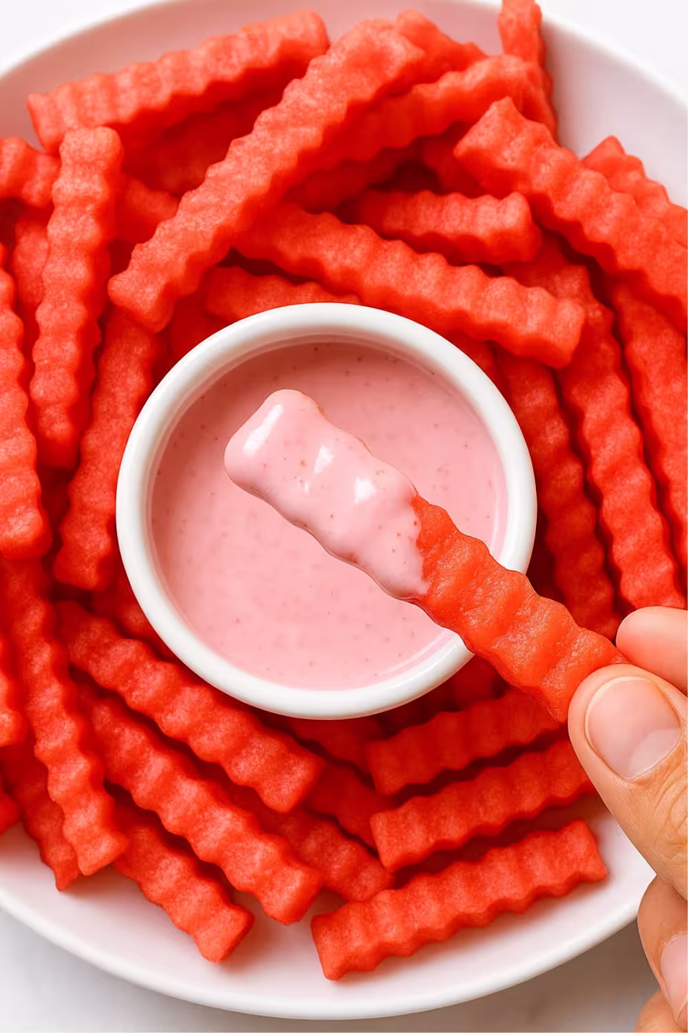 Crinkle-cut watermelon fries served with a creamy pink dipping sauce.