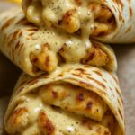 Cheesy garlic chicken wraps filled with juicy grilled chicken and creamy cheese sauce.