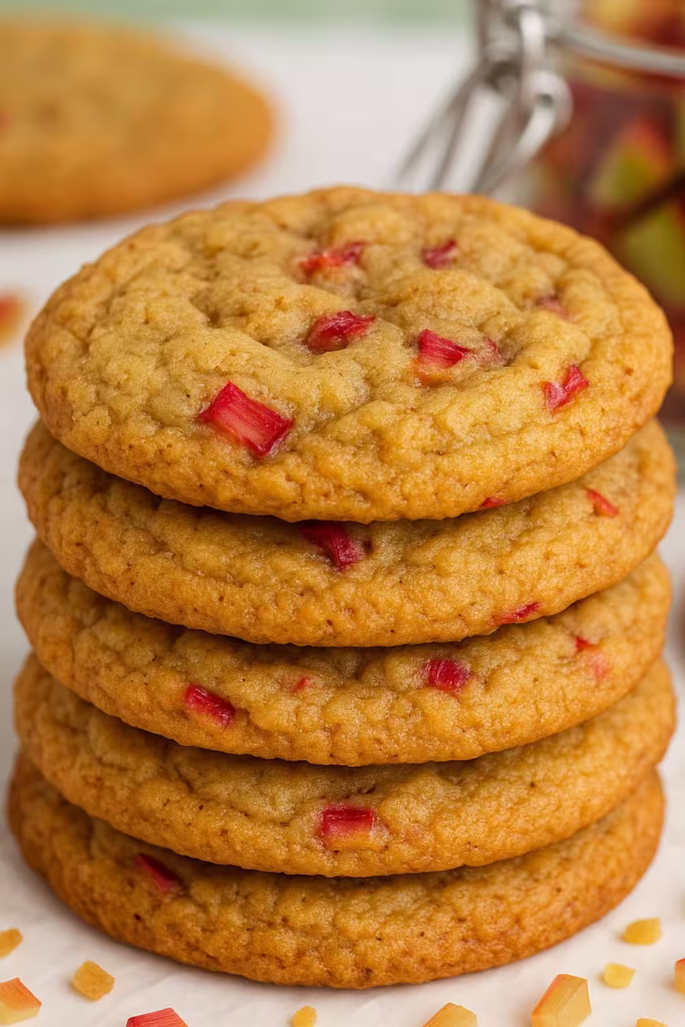 Stack of golden-brown cookies studded with vibrant rhubarb chunks, showcasing a soft and chewy texture.