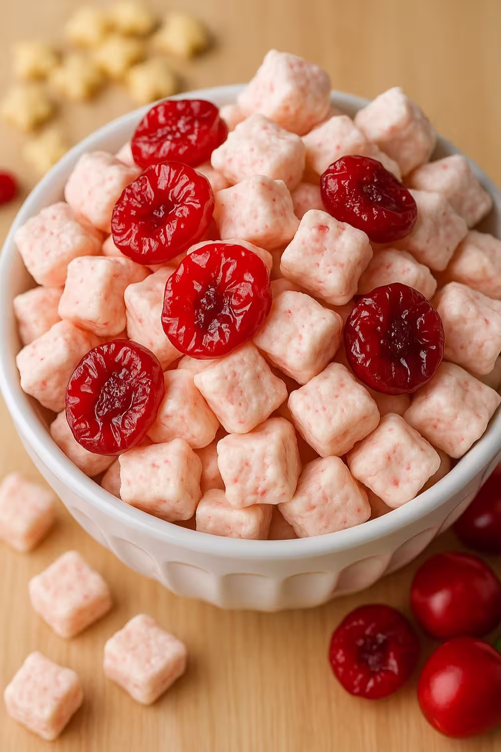 A white bowl filled with cherry cheesecake puppy chow, featuring pink-coated cereal bites and bright red cherry pieces.