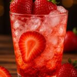 A chilled glass of Strawberry Dirty Sprite filled with sparkling soda, fresh strawberries, and ice, garnished with whole and sliced strawberries.