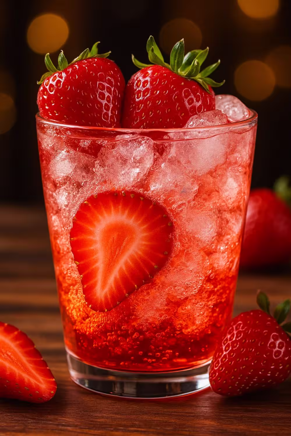 A chilled glass of Strawberry Dirty Sprite filled with sparkling soda, fresh strawberries, and ice, garnished with whole and sliced strawberries.
