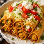 A plate of crispy chicken taquitos topped with shredded lettuce, diced cherry tomatoes, and crumbled queso fresco, garnished with fresh parsley.
