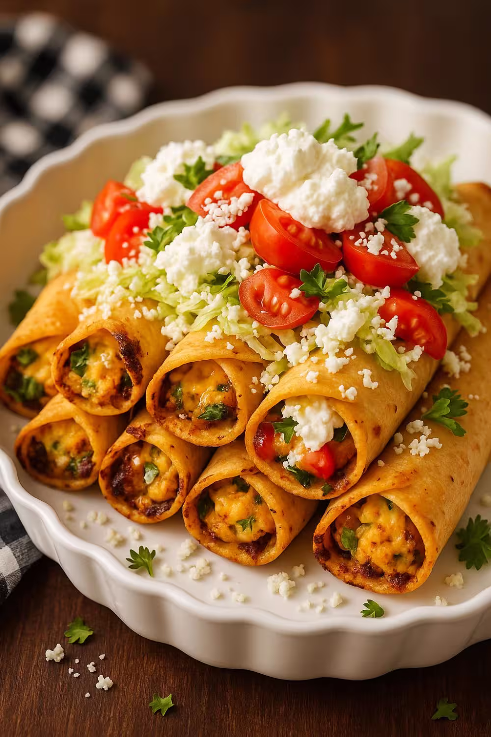 A plate of crispy chicken taquitos topped with shredded lettuce, diced cherry tomatoes, and crumbled queso fresco, garnished with fresh parsley.