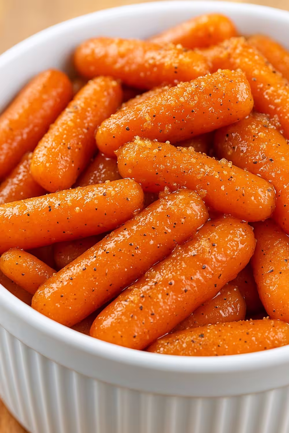 Glazed baby carrots coated in a glossy maple and brown sugar glaze in a white bowl.