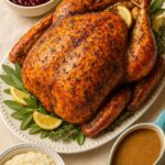 Golden roasted turkey on a white platter garnished with lemon slices and herbs, served with mashed potatoes, cranberry sauce, and gravy.