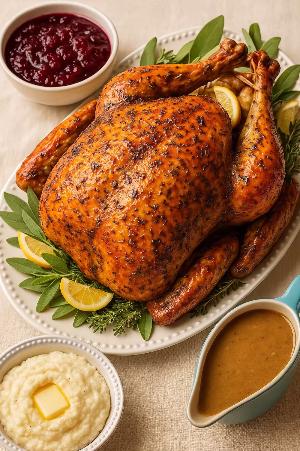 Golden roasted turkey on a white platter garnished with lemon slices and herbs, served with mashed potatoes, cranberry sauce, and gravy.