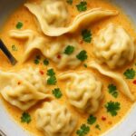 Bowl of creamy Thai dumpling soup with chili oil and fresh herbs
