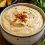 Creamy Pub Sauce dipping sauce topped with black pepper and paprika in a speckled bowl