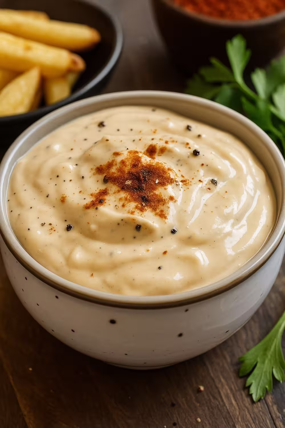 Creamy Pub Sauce dipping sauce topped with black pepper and paprika in a speckled bowl