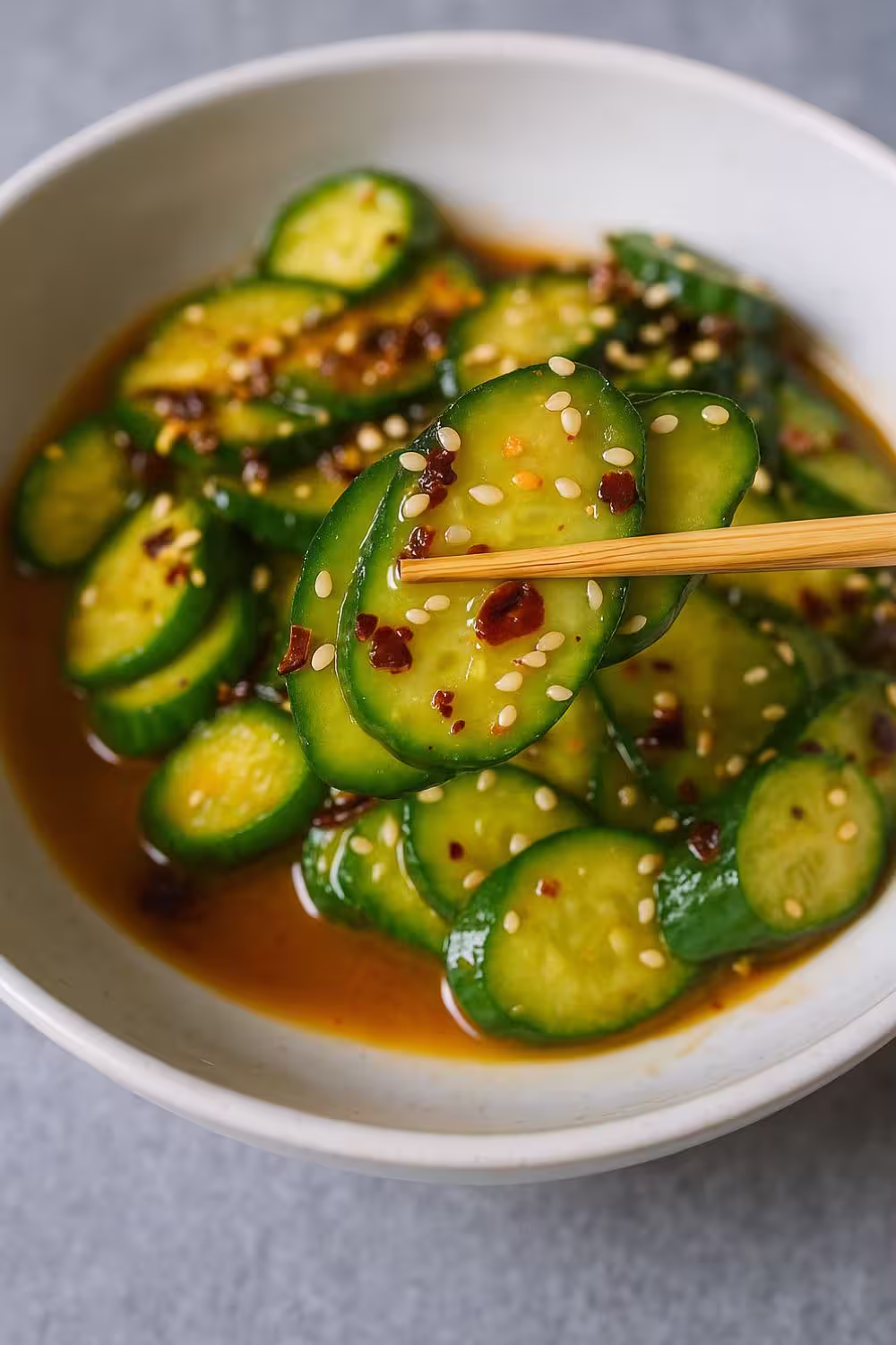 Chopsticks holding sliced cucumber coated in sesame seeds and spicy Asian dressing its Asian Cucumber Salad
