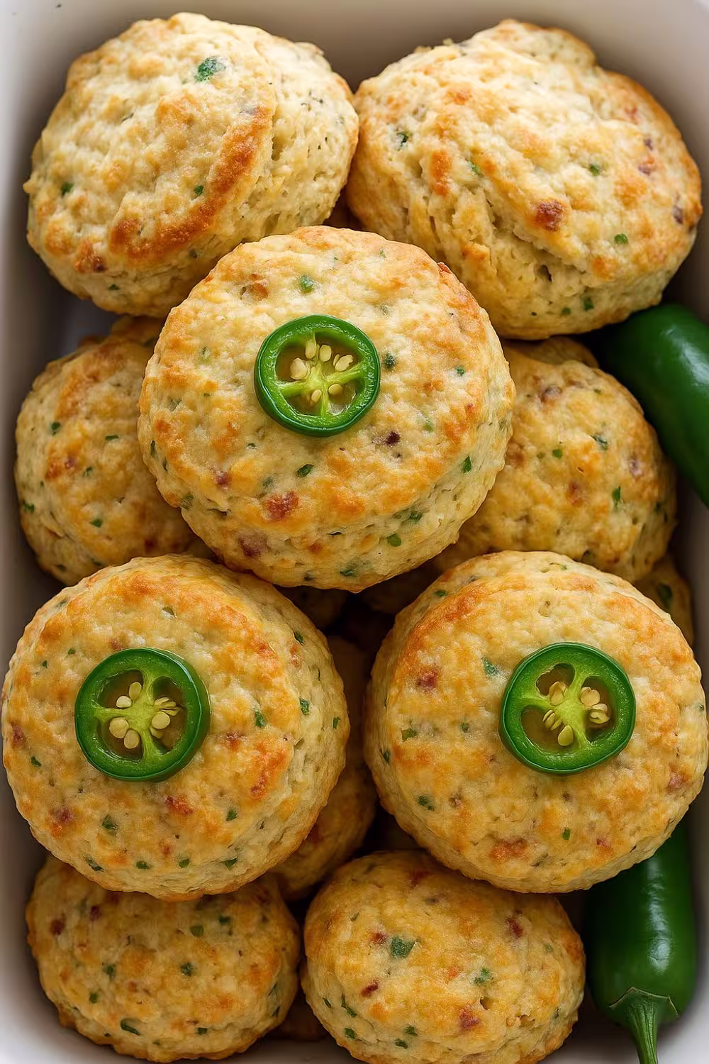 Savory scones topped with jalapeño slices and filled with bacon and pepper jack cheese