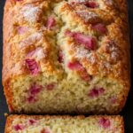 Freshly baked rhubarb bread with a golden crust, showcasing soft and moist slices filled with vibrant pink rhubarb chunks.