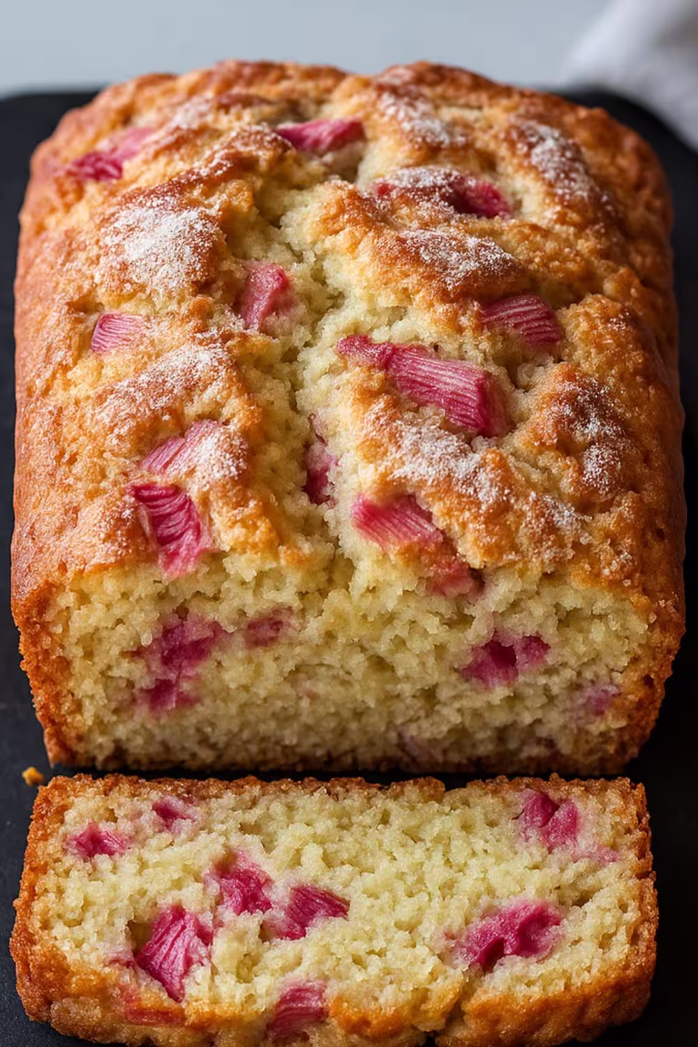 Freshly baked rhubarb bread with a golden crust, showcasing soft and moist slices filled with vibrant pink rhubarb chunks.