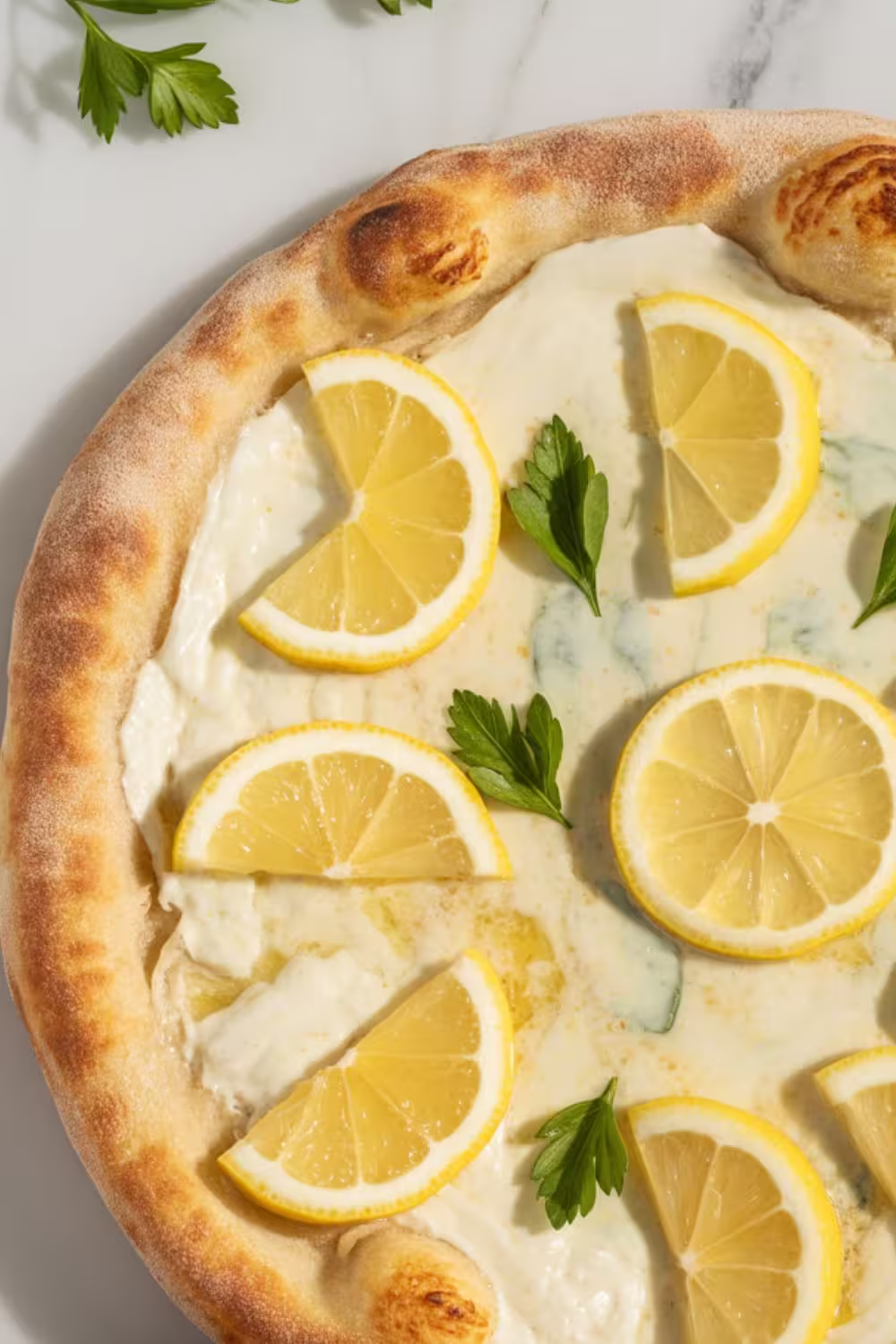 Freshly baked lemon pizza with melted cheese, parsley, and lemon slices on top.