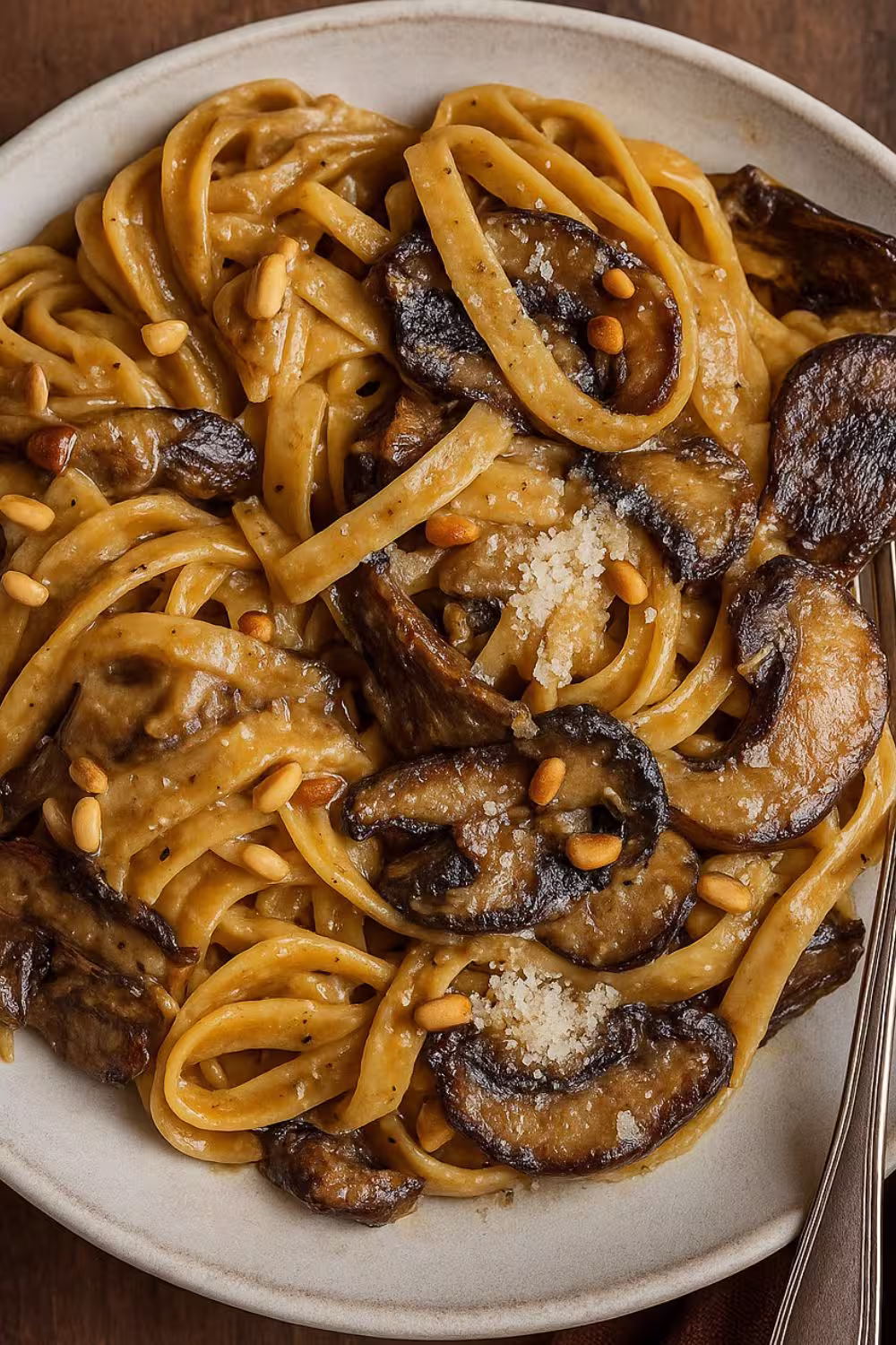 Creamy pasta dish with caramelized leeks, sautéed mushrooms, and melted Gruyere cheese, topped with pine nuts