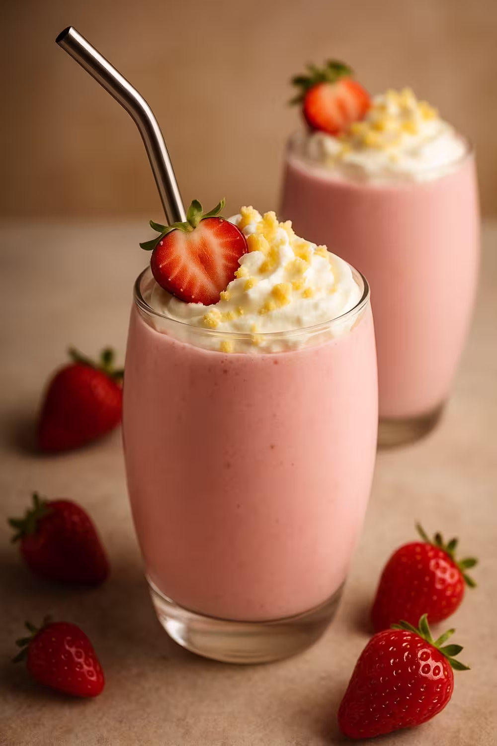 Two glasses of creamy strawberry shortcake protein smoothie topped with whipped cream, crumbled cake, and a fresh strawberry slice.