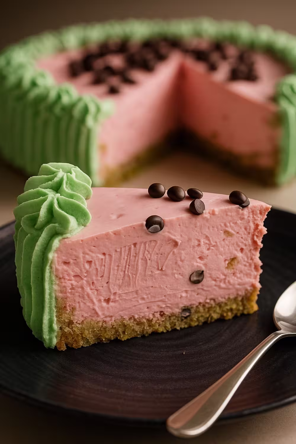 A slice of watermelon cheesecake topped with chocolate chips and surrounded by a green frosting border, served on a black plate.