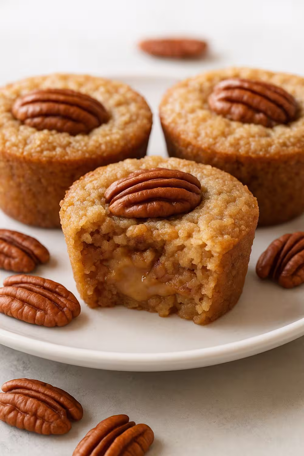Mini pecan pie muffins with gooey centers, topped with whole pecans on a white plate